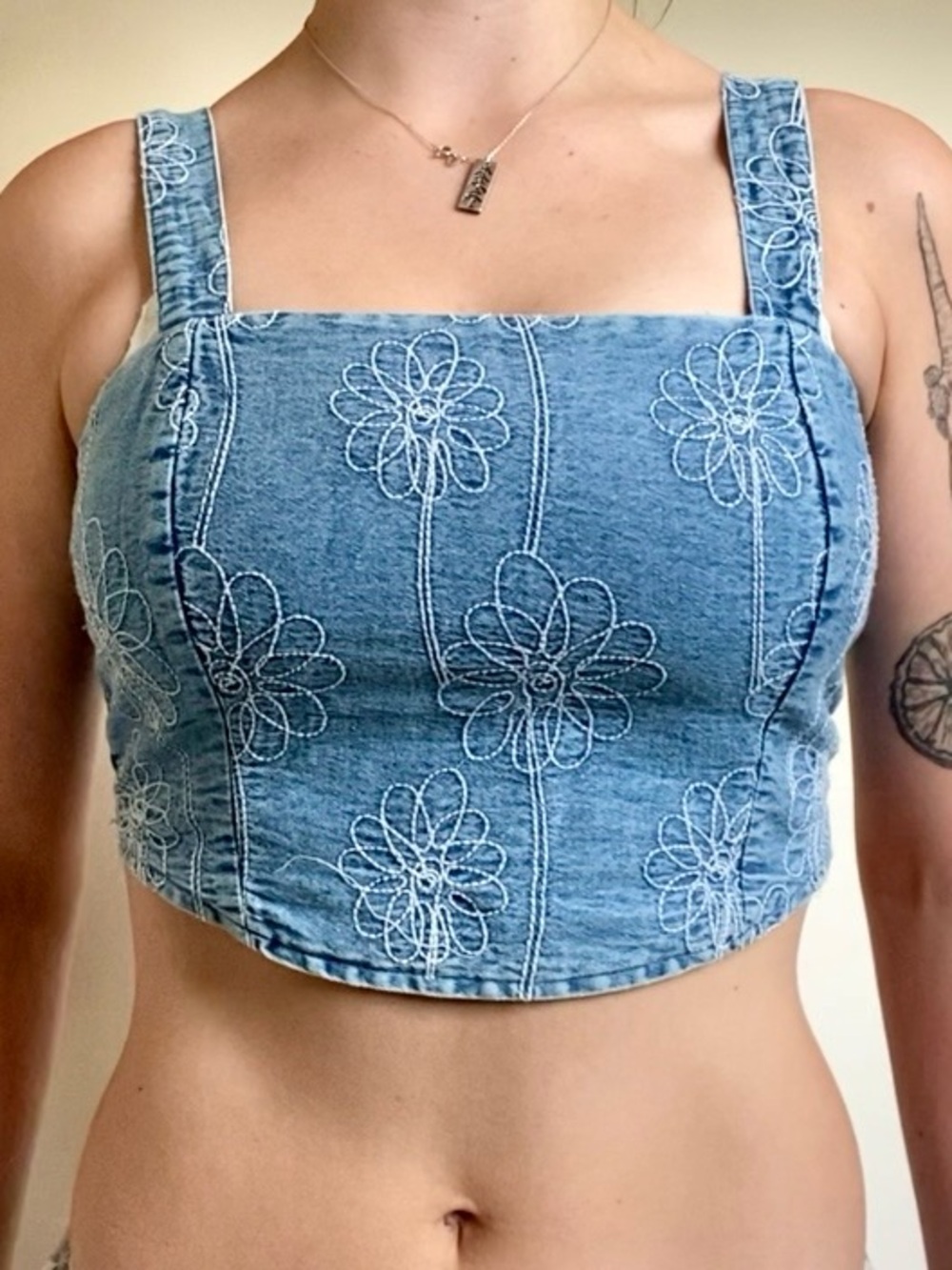 Floral Embroidered Denim Square-Neck Crop Top
